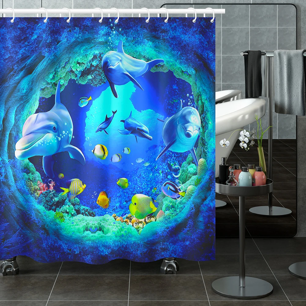 Cortina de ducha de delfines, tela de poliéster de la vida marina del mundo submarino azul, conjunto de decoración de baño con temática de océano para niños con 12 ganchos - imagen 5