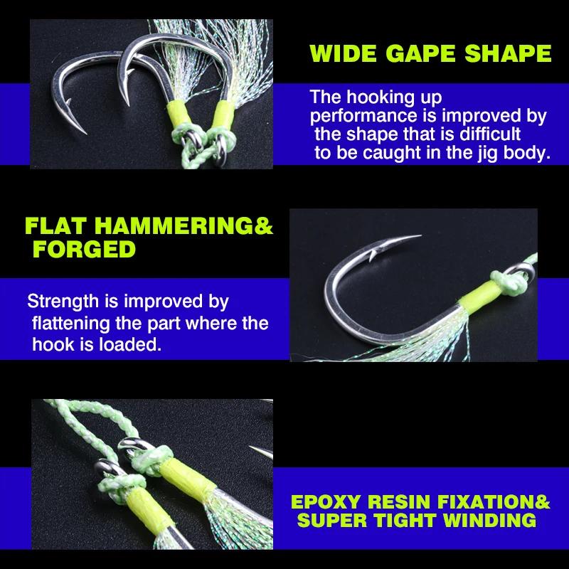 FJORD-anzuelo de pesca con plantilla de Metal, 3/0, 4/0, 5/0, doble brillo nocturno, anzuelos de agua salada de seda, 2 unids/bolsa, material de equipo de pesca - imagen 5