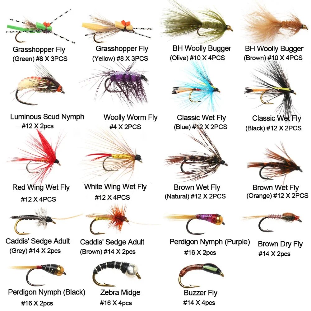 ICERIO 52 unids/caja Kit de moscas surtidas moscas secas/húmedas Streamer Hoppers Midge Buzzer Perdigon Ninfa trucha lubina señuelo de pesca con mosca cebo - imagen 2