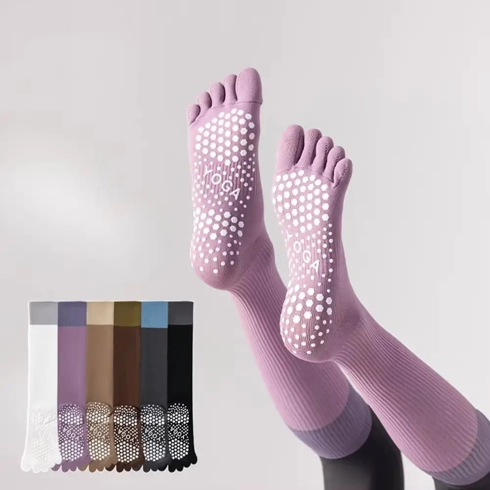 Calcetines de Yoga con cinco dedos para mujer, medias deportivas antideslizantes de silicona con dedos separados, calcetines de algodón de tubo largo de tamaño libre para gimnasio - imagen 2
