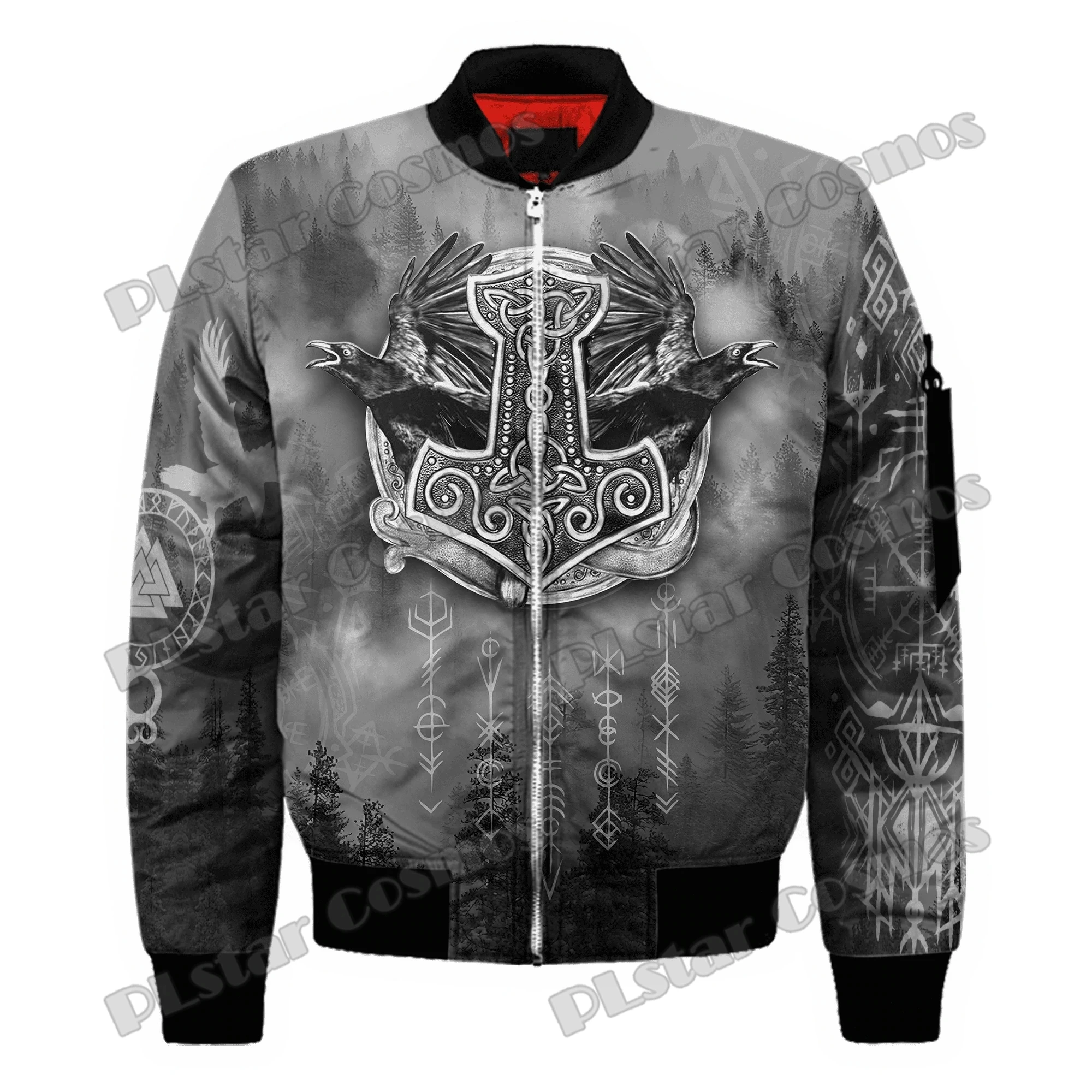 Chaqueta Bomber de invierno para hombre Muninn Raven Tattoo Vegvisir rojo estampado 3D bolsillo grueso abrigo con cremallera Unisex Casual chaqueta cálida con cremallera FX-07 - imagen 4