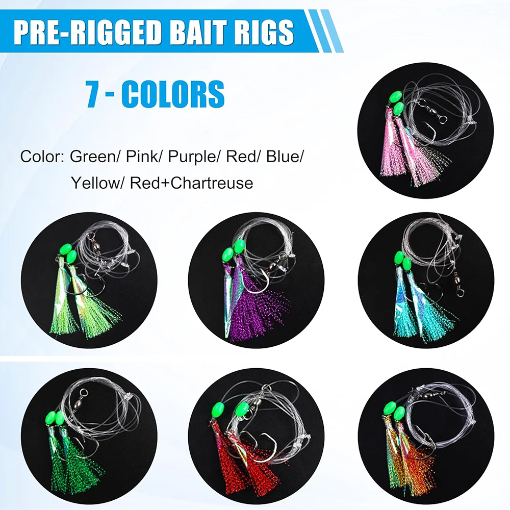 10 paquetes de aparejos de cebo de pesca, anzuelos de agua salada, señuelos intermitentes, aparejos de pesca con mono líder para lubina, aparejos de pesca con fondo de halibut - imagen 4