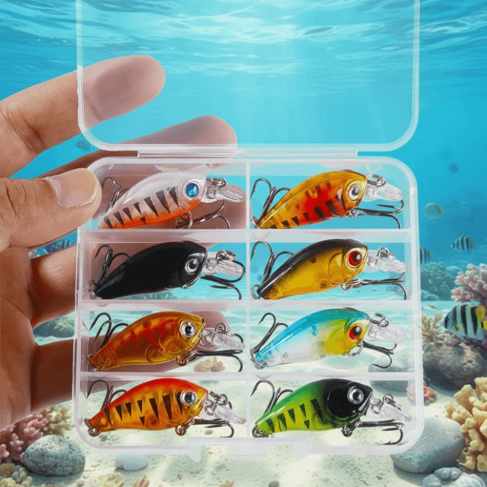 8pcs/box 3D Fish Eyes Artificial Fishing Bait with Box Crank Hook Fishing Lures Kit Colorful Realistic Fishing Crank Bait - imagen 2