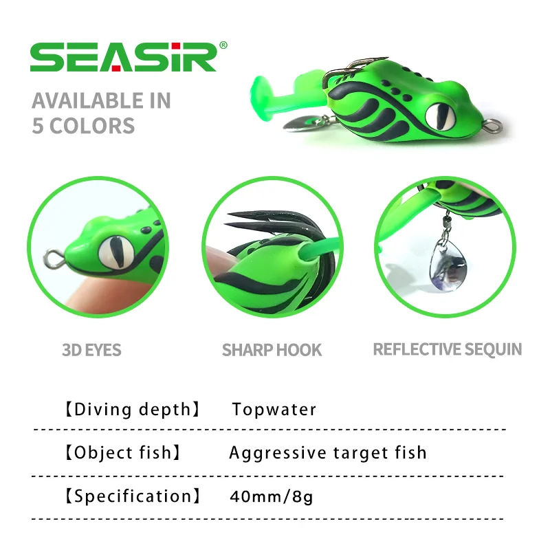 SeaSir Mini señuelo de pesca de rana suave de silicona, 4cm/8g, anzuelos dobles con púas, señuelos huecos para pesca de lubina y cabeza de serpiente - imagen 2