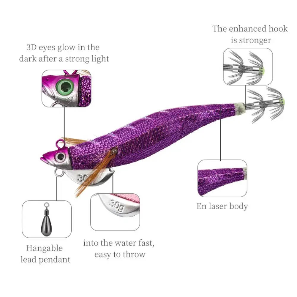 Señuelo de pesca de 25g y 30g, anzuelo de calamar Artificial, plantillas de calamar noctilucentes, plantillas de sepia, señuelos giratorios, camarones de madera para pesca en el mar - imagen 4