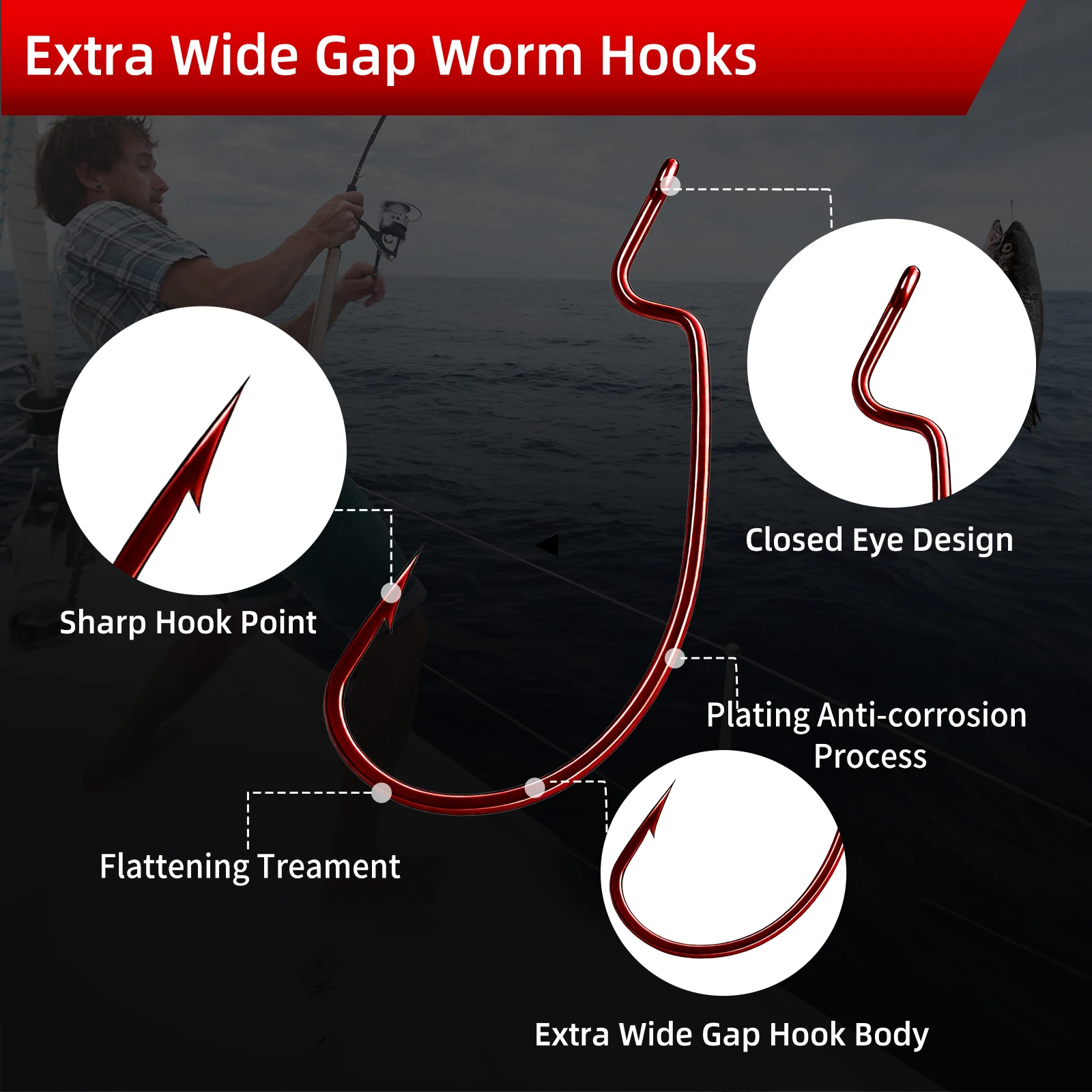 Anzuelos FishTrip Red EWG, 25-100 Uds., anzuelos de gusano compensados para pesca de lubina, espacio Extra ancho compensado, pesca en agua dulce, aparejo Carolina/Texas - imagen 2