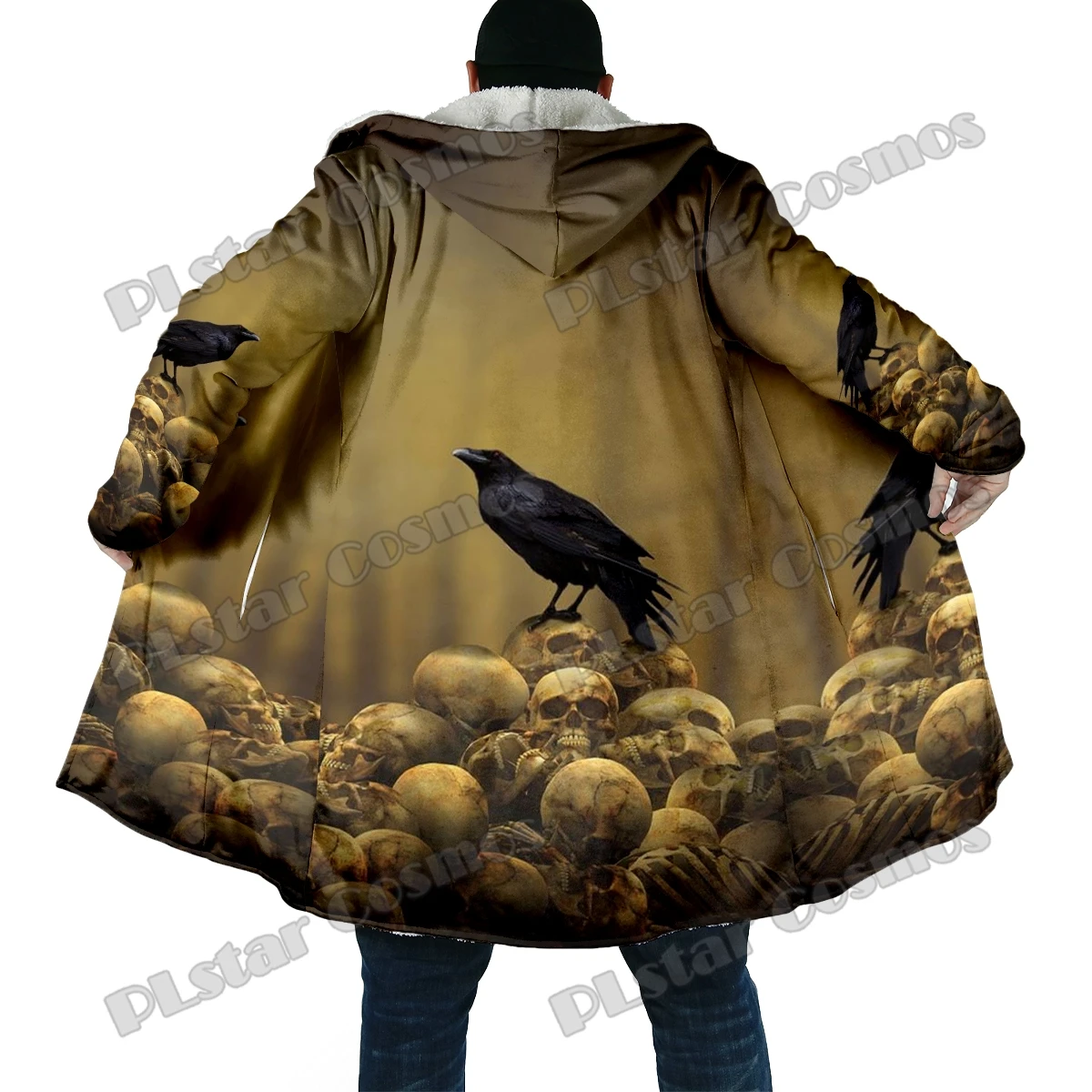 Capa de moda de invierno para hombre, capa con capucha de lana gruesa con estampado 3D de calavera de cuervo de Halloween, capa cálida informal Unisex BB62 - imagen 4
