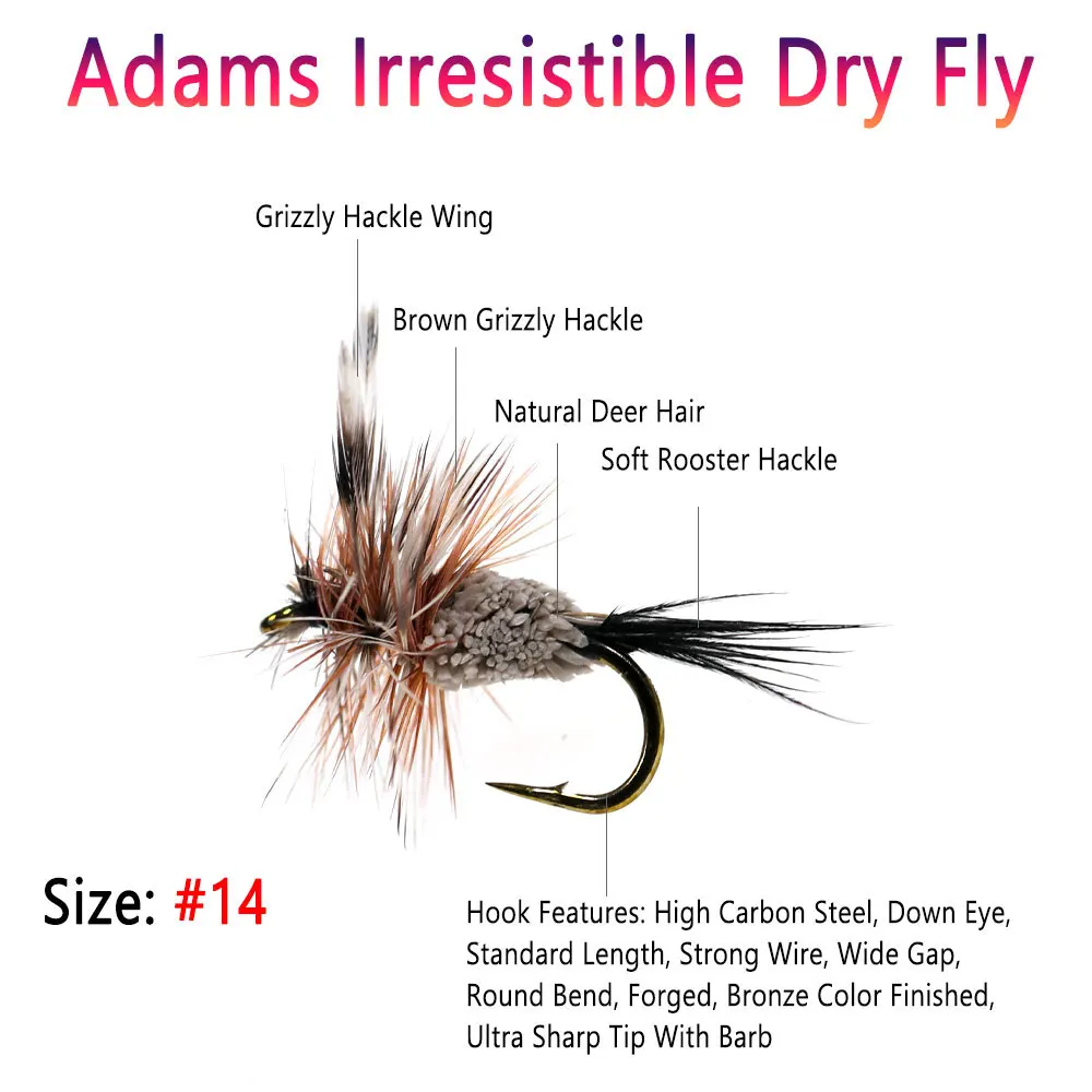 Bimoo 6PCS Grizzly Brown Hackle Adams Irresistible Dry Fly May Fly Midge Fly Mosquitos Fly Pike Bass Trout Fishing Lures Baits - imagen 2