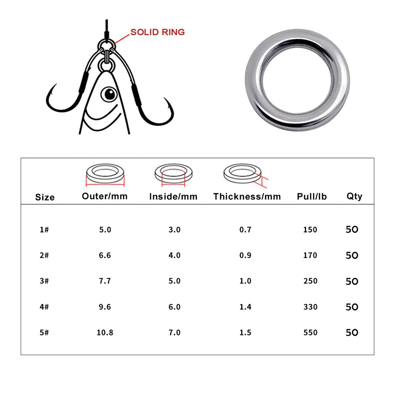 PRO BEROS-anillo sólido de alta resistencia, 50 piezas, Conector de señuelo de pesca, Kit de línea, anillo sólido de agua salada, bucle de pesca de agua dulce - imagen 3