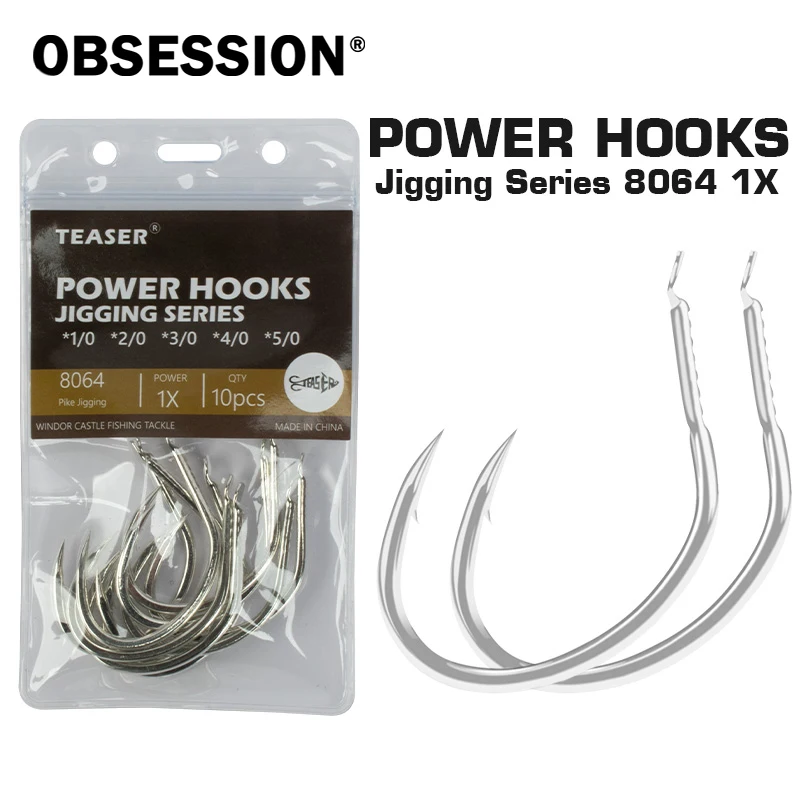OBSESSION 10 unids/bolsa 8064 1X ganchos de Metal de alto carbono Jig Assist Power Pike 1/0 2/0 3/0 4/0 5/0 PIKE gancho de Jigging lento ligero - imagen 5