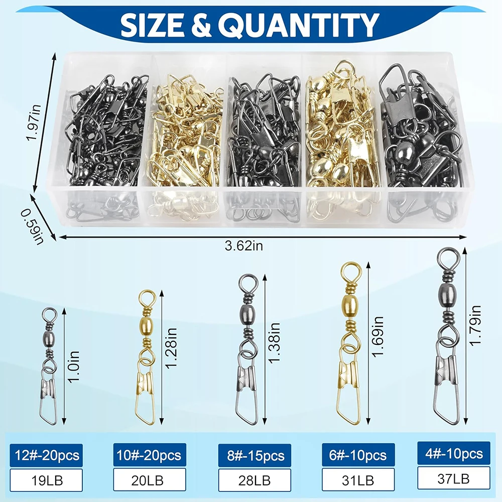 Kit giratorio de pesca, 75 Uds., barril rodante, giratorios con broche de seguridad, conector de pesca de alta resistencia, aparejos de pesca giratorios - imagen 2