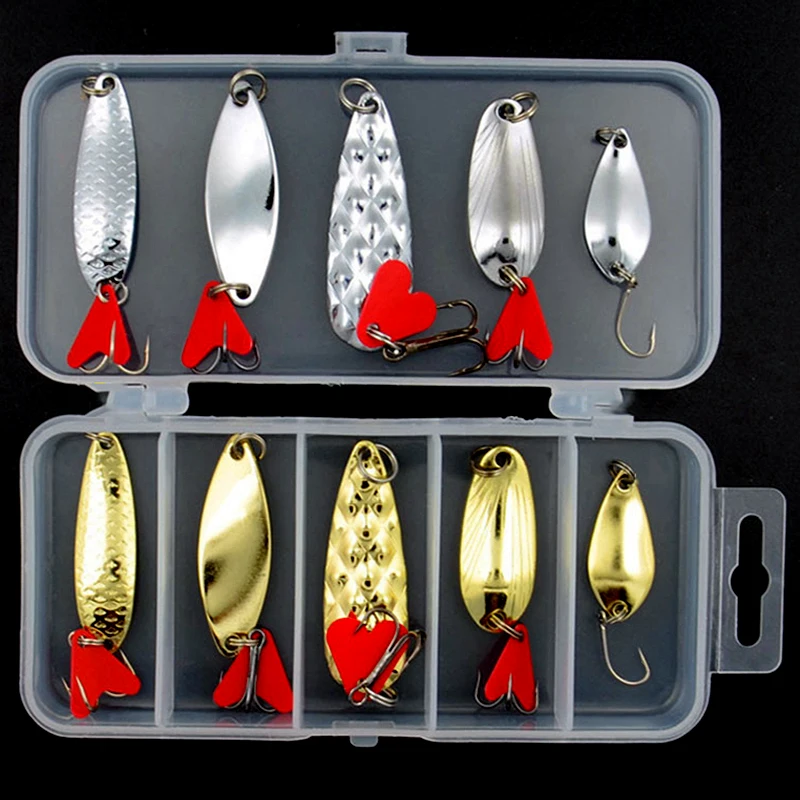 10 unids/caja de plantilla de Metal dorado y plateado, cuchara giratoria, señuelo de pesca, juego de cebo Wobbler con caja de aparejos de pesca, Kit para pesca