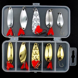 10 unids/caja de plantilla de Metal dorado y plateado, cuchara giratoria, señuelo de pesca, juego de cebo Wobbler con caja de aparejos de pesca, Kit para pesca