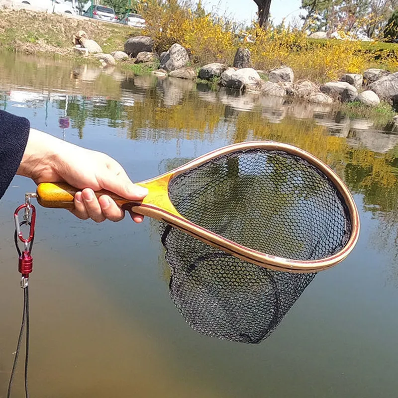 Red de mano de pesca con mosca de madera de alcanfor dorado, red de transmisión de pesca con mosca, Red de señuelos, herramientas de pesca al aire libre, herramientas de red de pesca portátiles - imagen 3