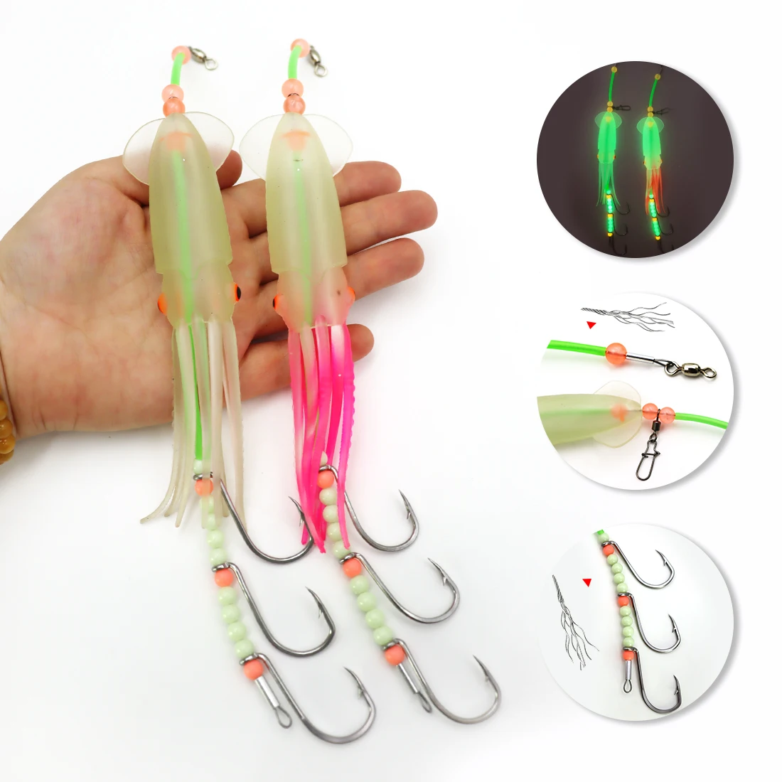 ZYZHE-ganchos de cuerda para pesca en el mar, aparejos de cola de pelo con señuelo de calamar luminoso, tres anzuelos de tiburón, Ideal para aparejos de cebo de pesca en el mar, 1 ud. - imagen 3