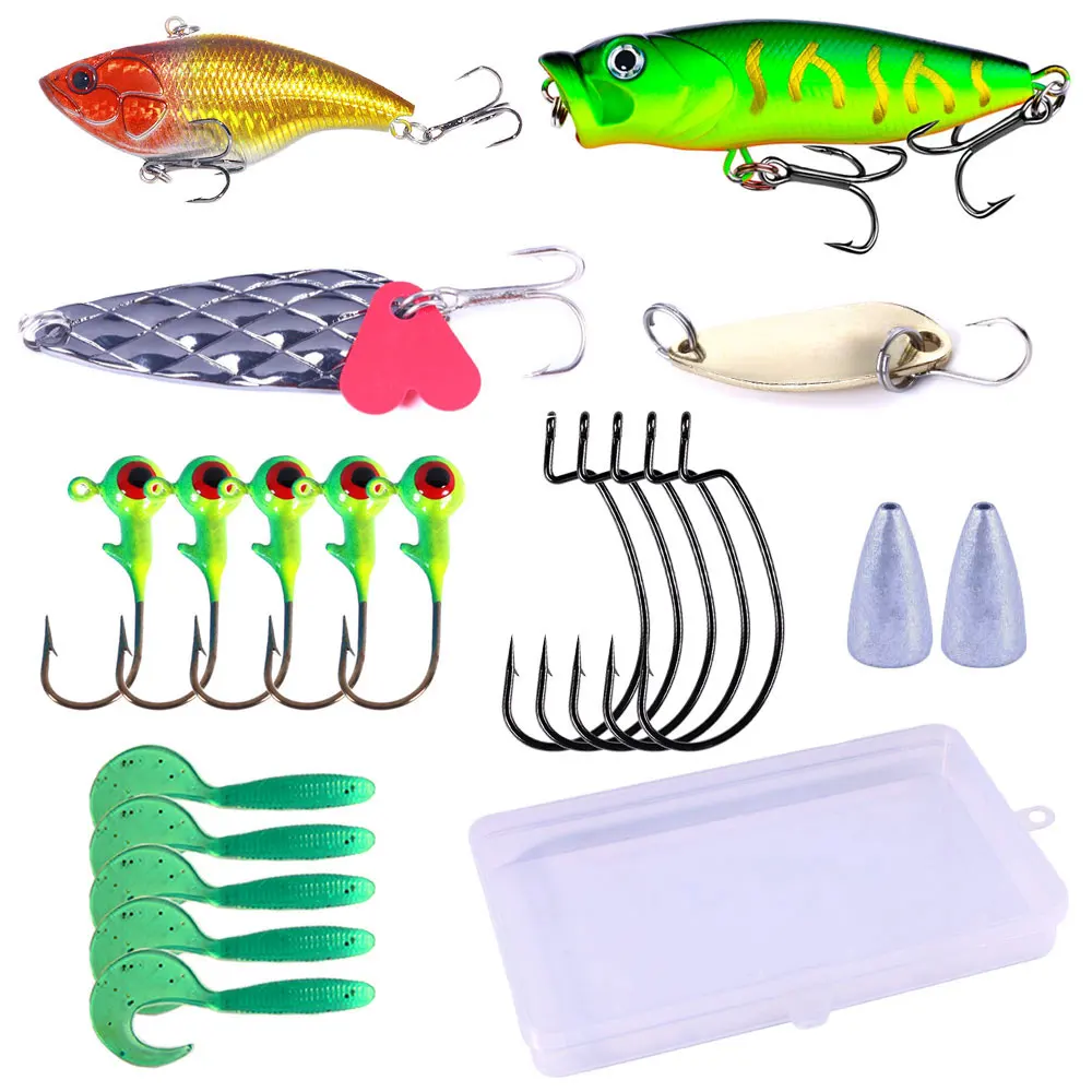 21 Uds. Conjunto combinado de Señuelos de Pesca cebo duro mixto Popper VIB Soft Grub Jig Head anzuelo de manivela Texas Rig Bass kit de caja de aparejos de bagre - imagen 3
