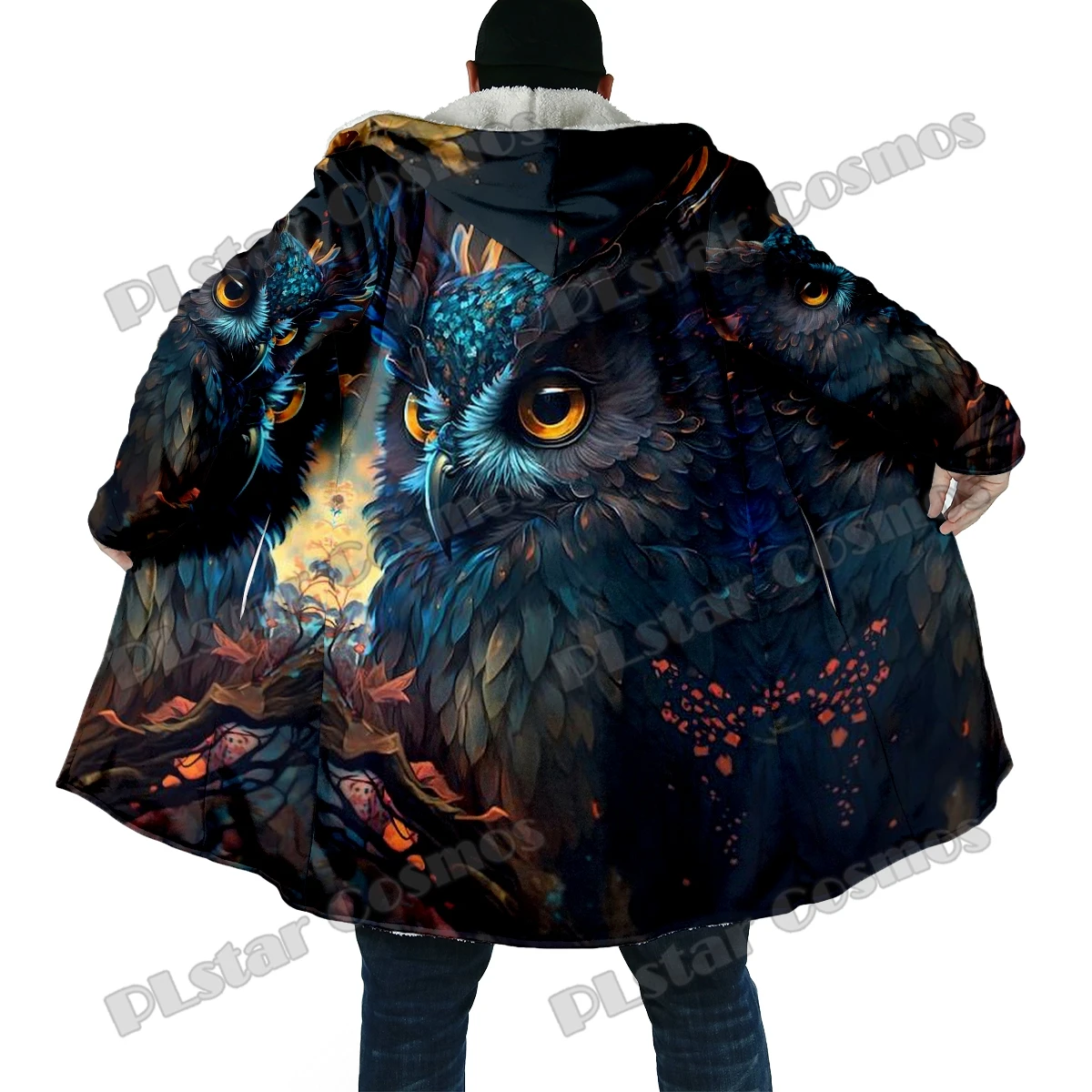Capa de moda de invierno para hombre, capa con capucha de lana gruesa con estampado 3D de búho Animal, capa cálida informal Unisex BB57 - imagen 5