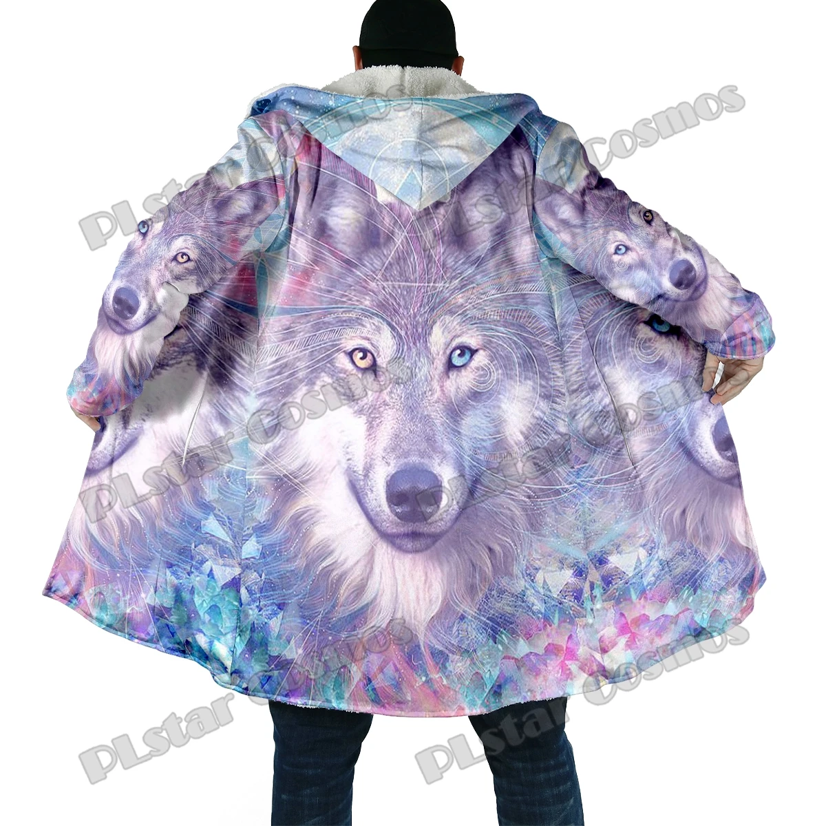 Capa con capucha de lana estampado 3D lobo púrpura unisex - imagen 3