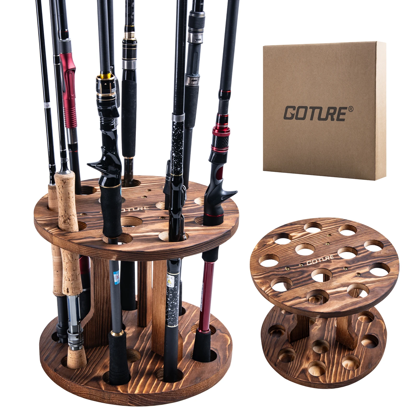 Soporte Goture de madera para 12 cañas de pescar visto de frente