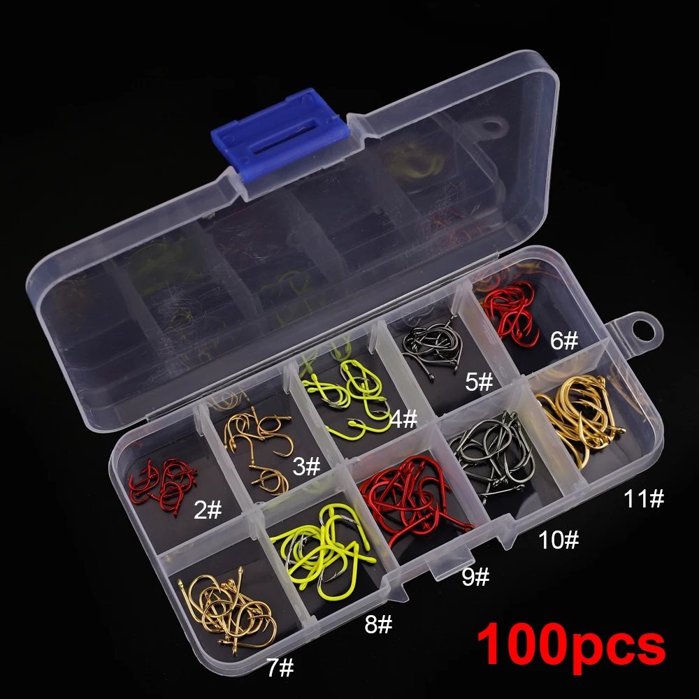 FTK 100 Uds juego de anzuelos de pesca de acero al carbono de un solo círculo colores mezclados 2 # -11 #   Anzuelo de pesca con mosca, anzuelos de carpa con púas, aparejos marinos - imagen 5