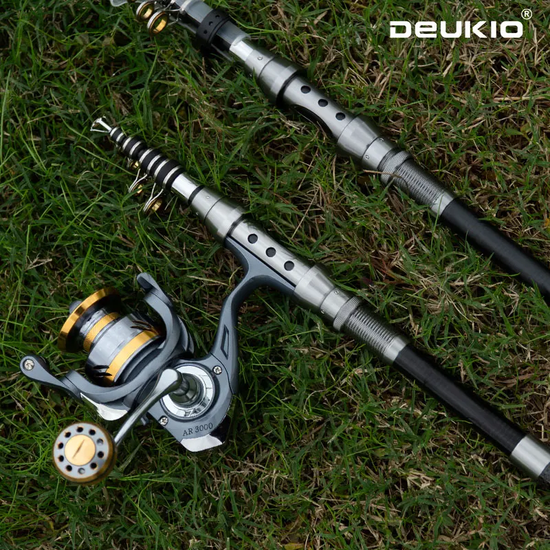 DEUKIO-combinación de caña de pescar y carrete, caña de pescar telescópica, carrete giratorio, arrastre máximo de 8kg para agua salada, agua dulce, juego de pesca en la playa