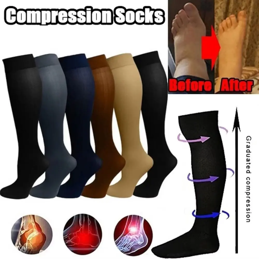 Calcetines de compresión hasta la rodilla para hombre y mujer, medias elásticas de Color sólido con soporte para piernas, alivio del dolor, a la moda - imagen 5