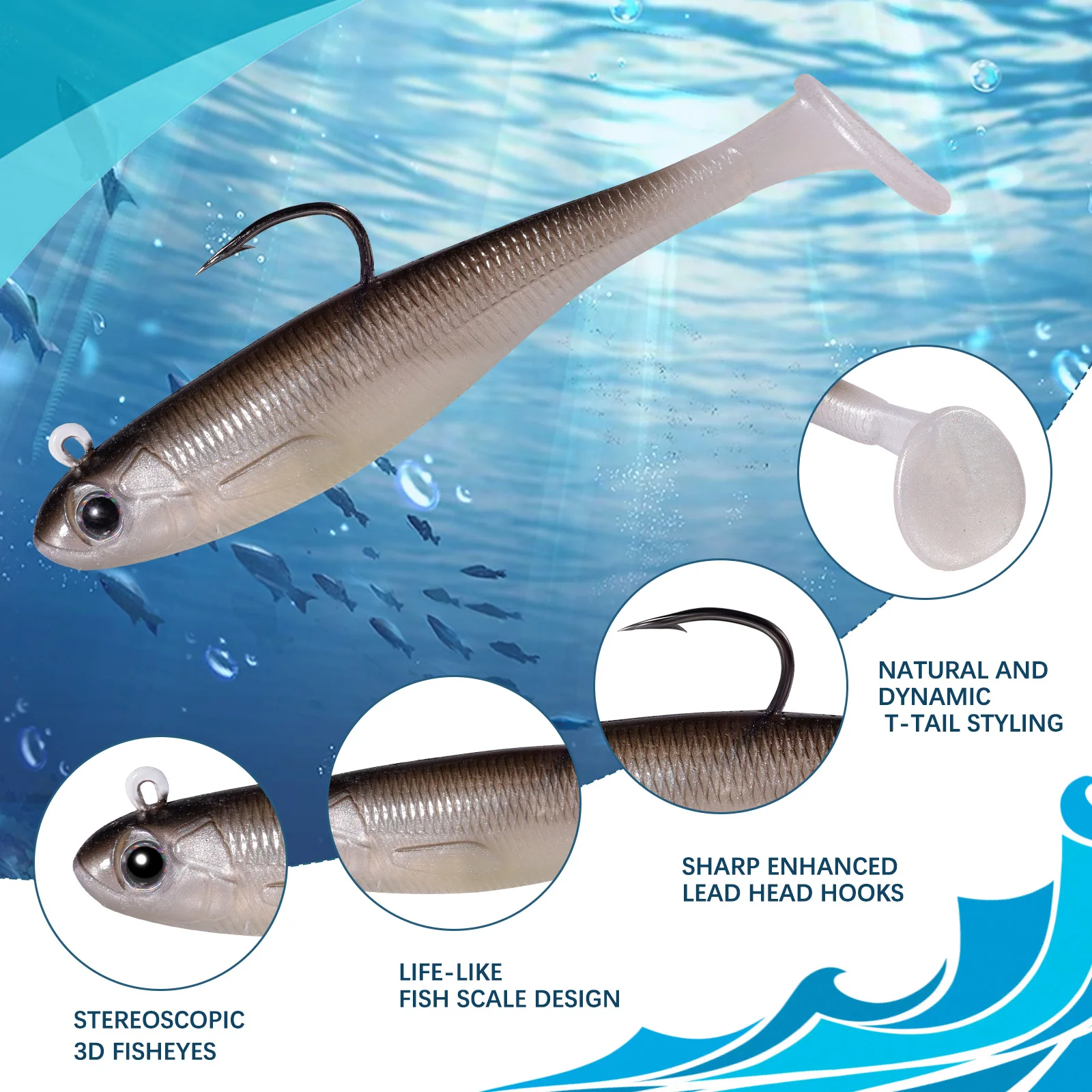 9KM 6 uds Swimbait pesca señuelos blandos 6 ~ 12,5g Jig Head señuelo de pesca suave lubina perca de agua dulce cola de paleta - imagen 3