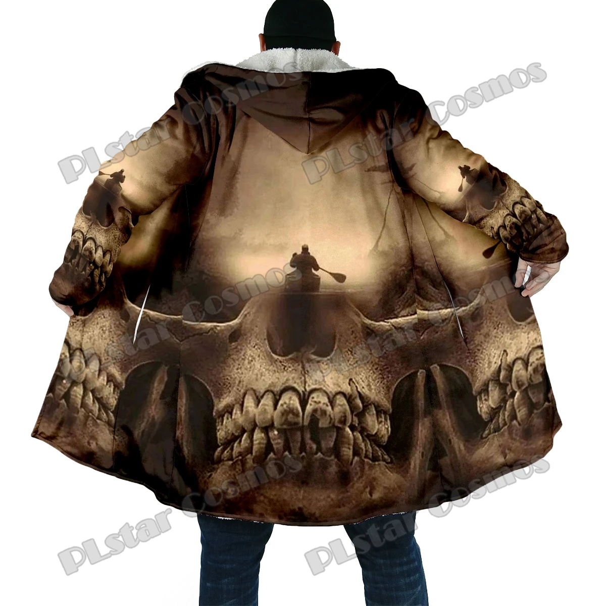 Capa de invierno a la moda para hombre, capa con capucha de lana gruesa con estampado 3D de cerveza y calavera de Reaper, capa cálida informal Unisex BB52 - imagen 4