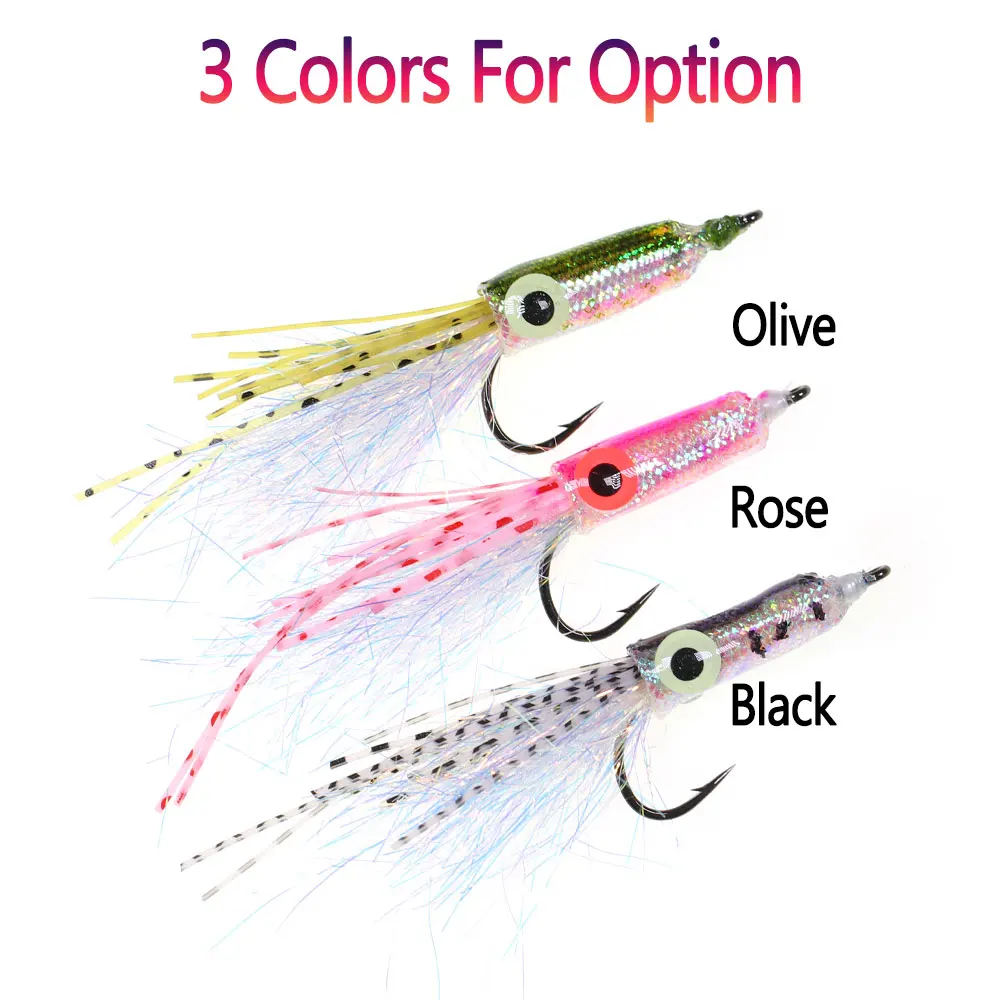 Bimoo 3 piezas # 4 ojos de pez luminosos 3D, calamar de agua salada, mosca Flashabou, oropel, cola, Streamer, Tarpon, lubina, pargo, atún, señuelo de pesca de mar - imagen 5