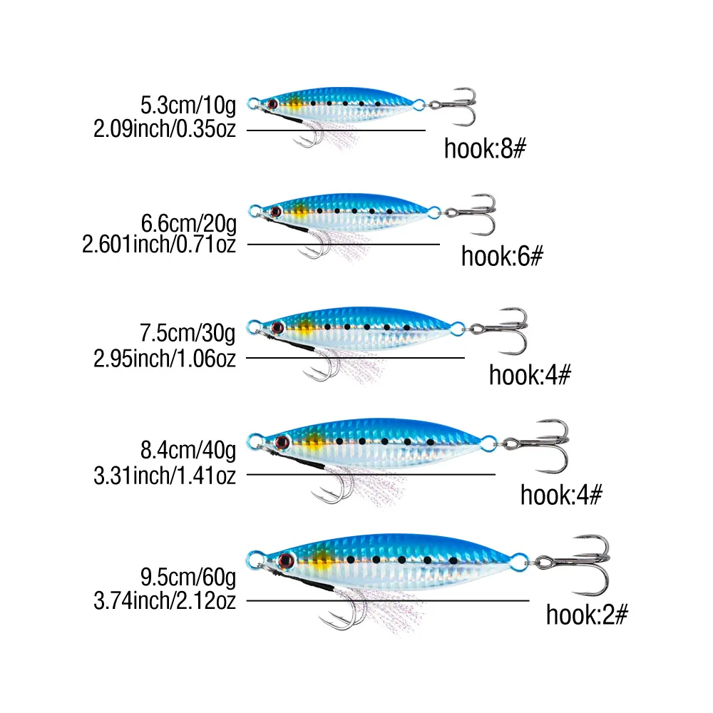 STBT-señuelo de pesca con plantilla de Metal, cebo de pesca láser luminoso de hundimiento lento con anzuelo triple y anzuelo auxiliar para lubina, 10G-60G - imagen 4