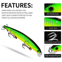 Proberos Crankbait Hundimiento Largo con Ojos 3D y Anzuelo Triple