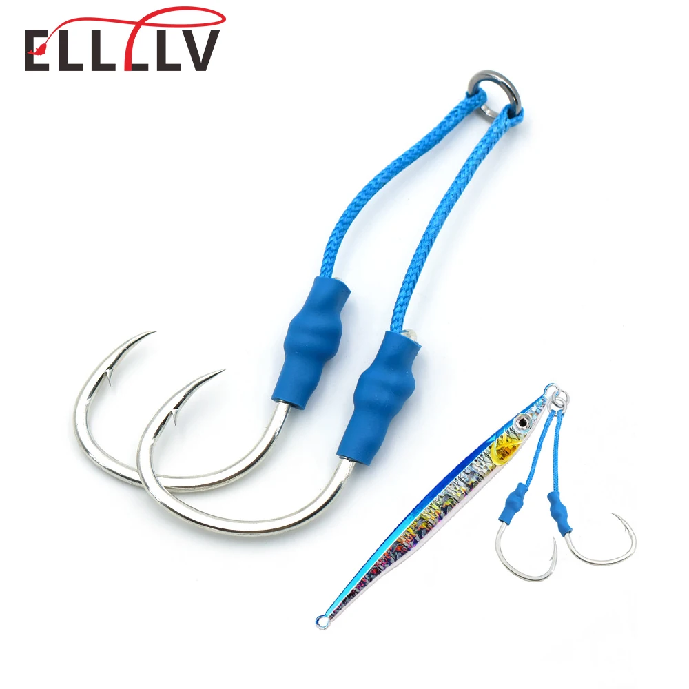 Ellllv-anzuelo de doble asistencia 4/0, anzuelos de Jigging lento de acero rico en carbono con línea de PE, tubo protector para pesca en el mar, señuelo de Jigging de Metal