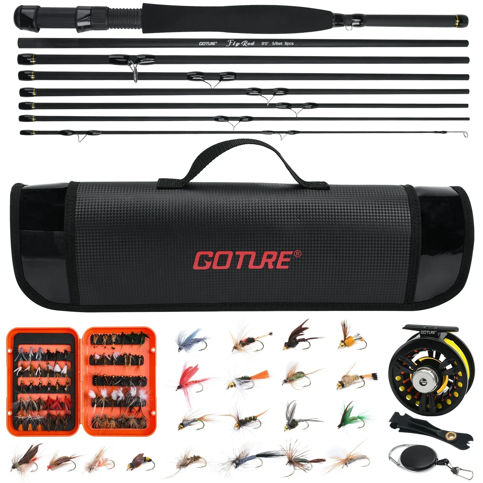 Goture Combo pesca a mosca – Caña carbono, carrete y tubo PVC