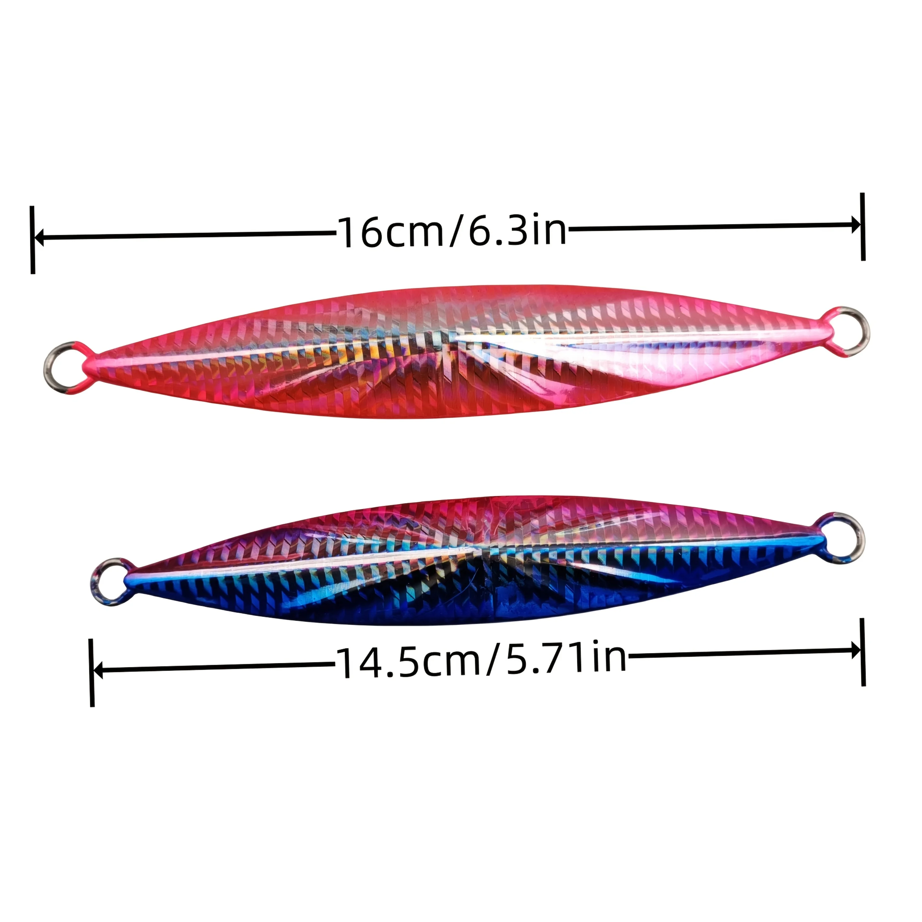 Un señuelo de pesca roja y azul con un señuelo rosa y azul al lado