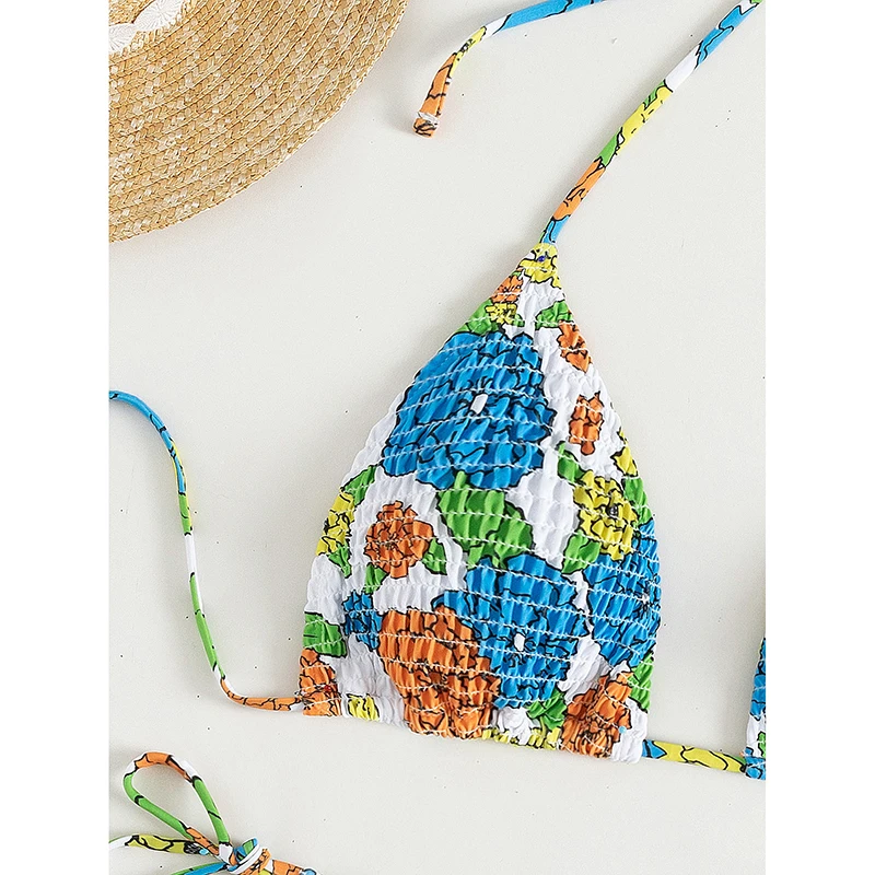Bikini triangular con cuello Halter para mujer, conjunto de dos piezas con estampado de flores, plisado, con lazo lateral, traje de baño Sexy - imagen 4