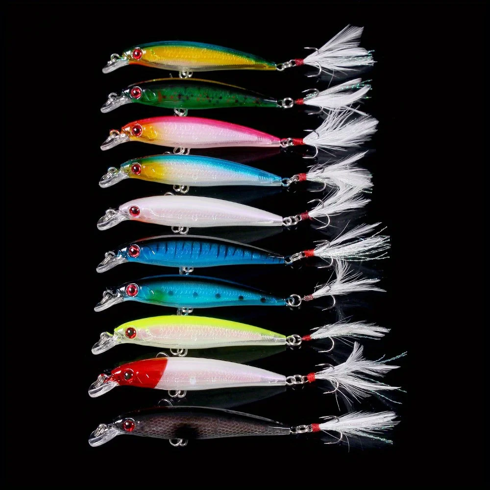 Juego de Señuelos de Pesca Larser Minnow, 10 Uds., captura de lubina más rápida con anzuelo de plumas, cebo Artificial Crankbait 9cm/7g - imagen 3