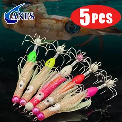 ANFS 5 anzuelos de calamar de acero inoxidable de primera calidad, anzuelos de plantilla de pulpo de doble capa, cuentas luminosas para pesca nocturna