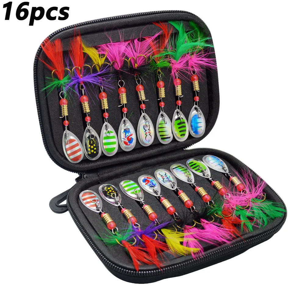 16 unids/bolsa lentejuelas cuchara de Metal Spinner Señuelos de Pesca Spinnerbait con gancho de pluma Kit de cebo Artificial para agua dulce y salada - imagen 2