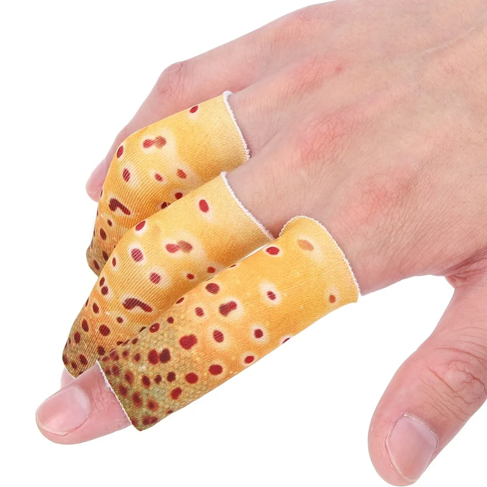 Protectores de dedos de pesca de poliéster, 3 uds., patrón de piel de pescado amarillo, Protector de dedos para pesca con mosca, Protector de pestaña para dedo de pesca - imagen 4