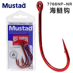Anzuelos Mustad Originales para Pesca en Playa y Océano, Modelo 7766, Anzuelos Rojos para Tarpon, Anzuelos con Púas de Acero con Alto Contenido de Carbono, Aparejos de Pesca