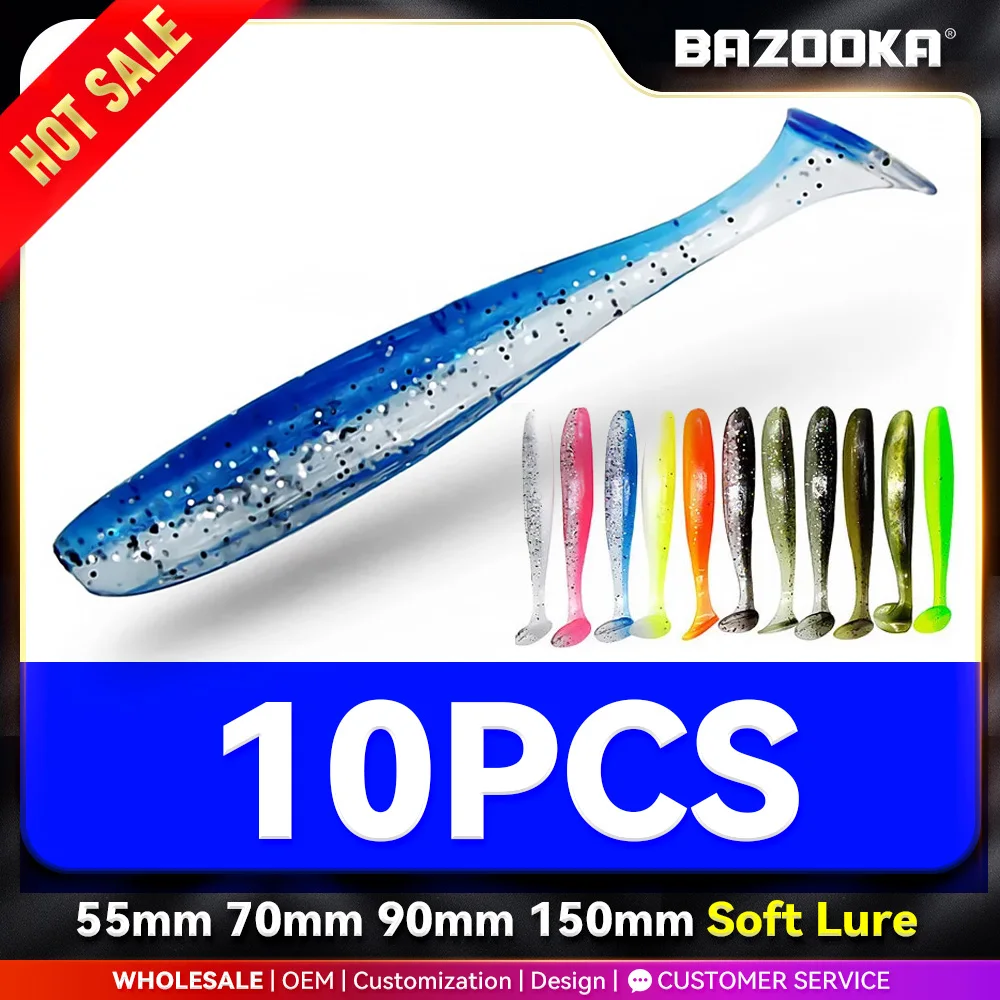 Bazooka, 10 Uds., 70mm, 100mm, 150mm, señuelo suave para Pesca, sábalo, gusano de silicona, cola en T, fácil brillo, PVC, Swimbait, Pesca, Lucio, cebo de invierno - imagen 2
