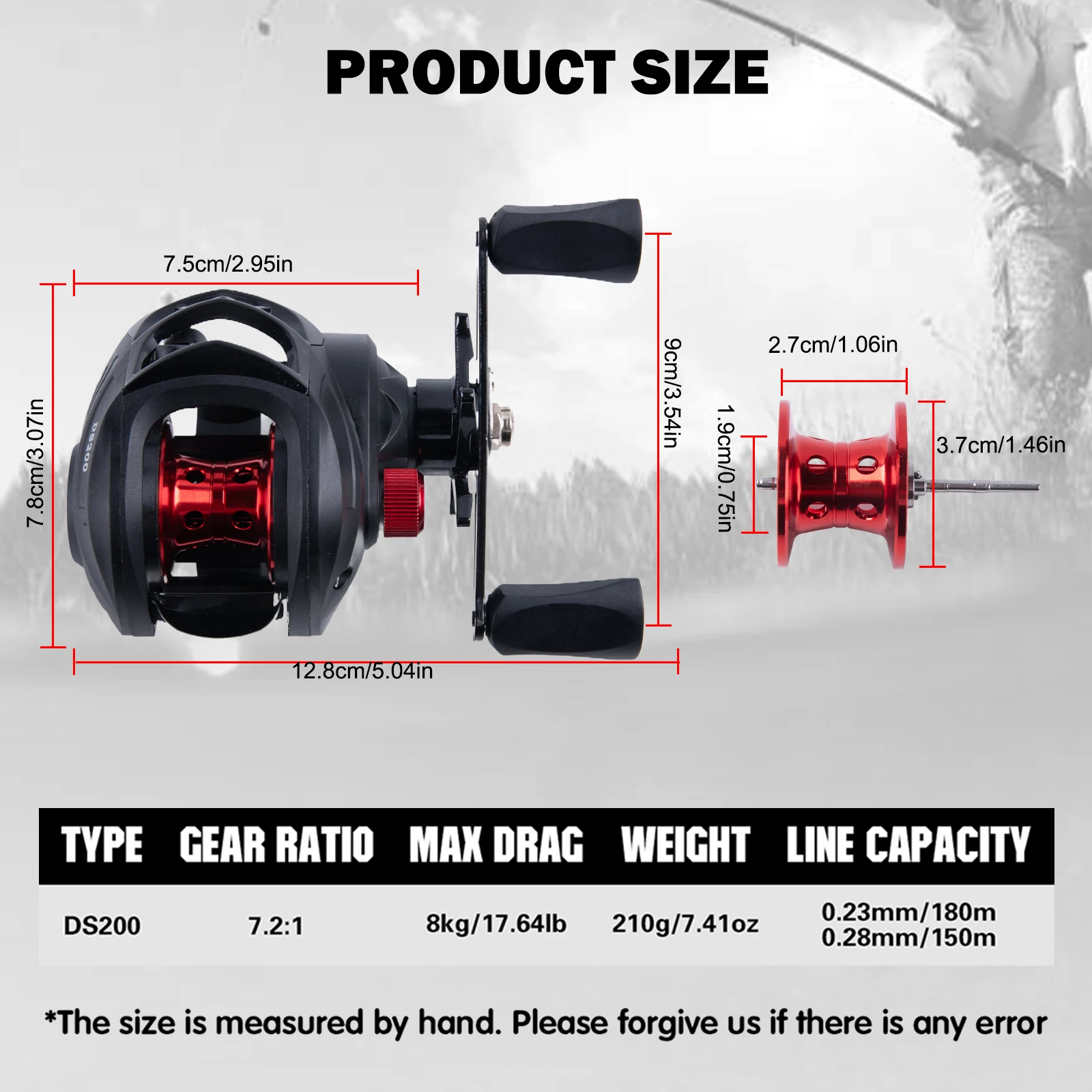 Goture-carrete de pesca DS200 de alto rendimiento, ligero, Baitcasting, relación de engranaje 7,2: 1, sistema de frenado magnético 12, arrastre máximo 8kg - imagen 3