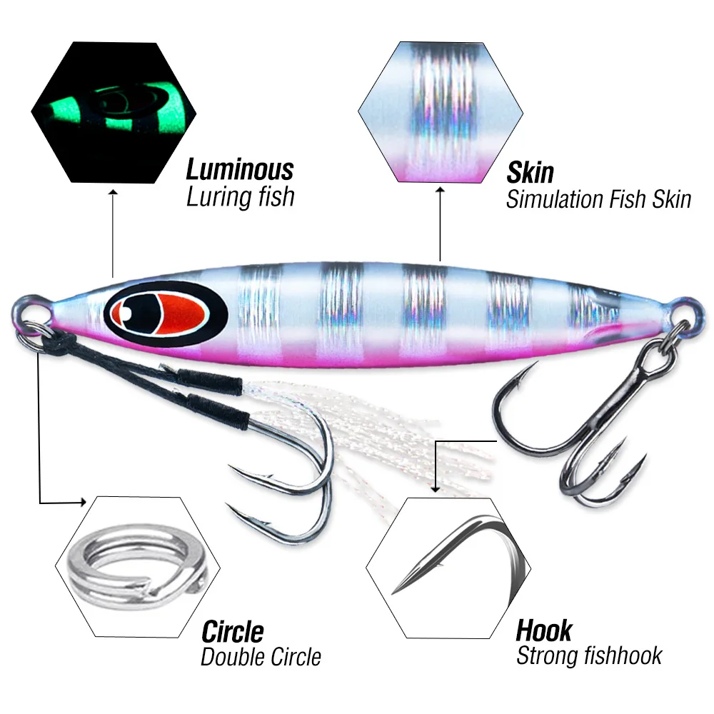 Cebo de pesca con plantilla luminosa, 10g-60g, señuelos de Jigging, cebo duro Artificial, señuelo de fundición de Metal con anzuelo afilado Wobbler para pesca de lubina - imagen 5