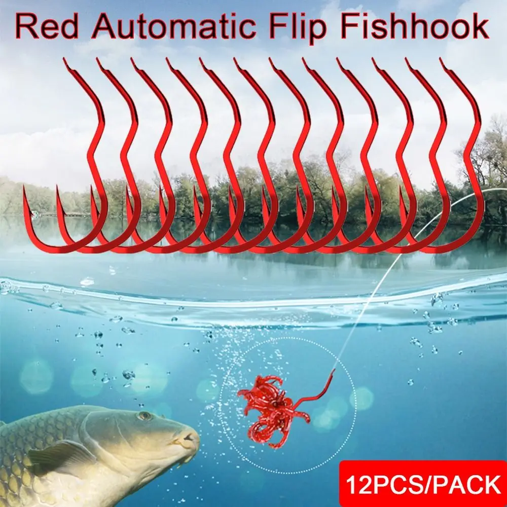 12 unids/pack duradero de acero rico en carbono anzuelo de pesca rojo con púas afiladas antideslizantes anzuelo con tapa automática aparejos de pesca de carpa - imagen 2
