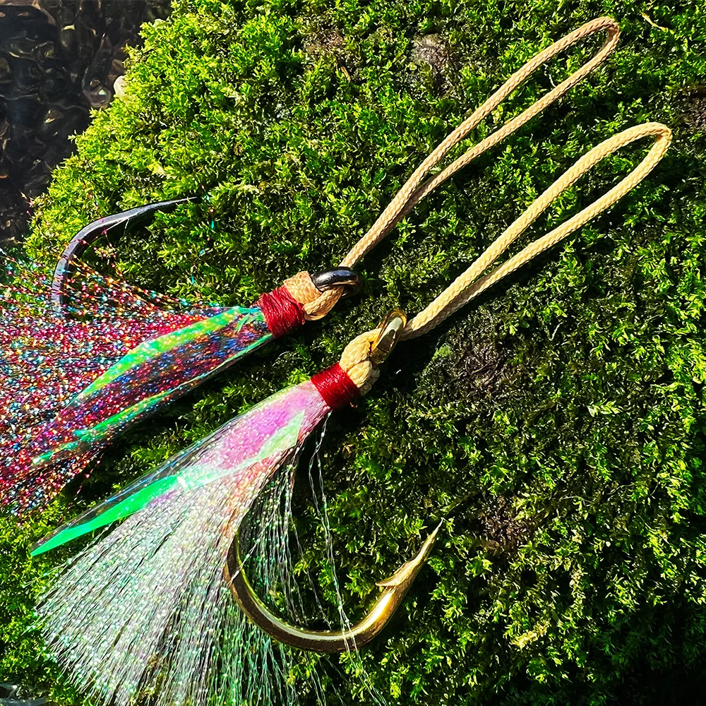 5 uds anzuelo de pesca de agua salada con plumas con púa gancho individual a prueba de herrumbre para barco señuelo de pesca atado gancho de atún - imagen 4