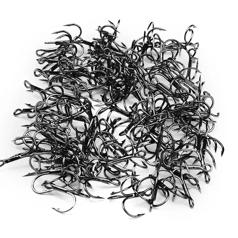 10 unids/caja anzuelo de pesca negro 2X anzuelos triples volcados de acero alto en carbono aparejos de pesca triples curvados redondos para lubina - imagen 4