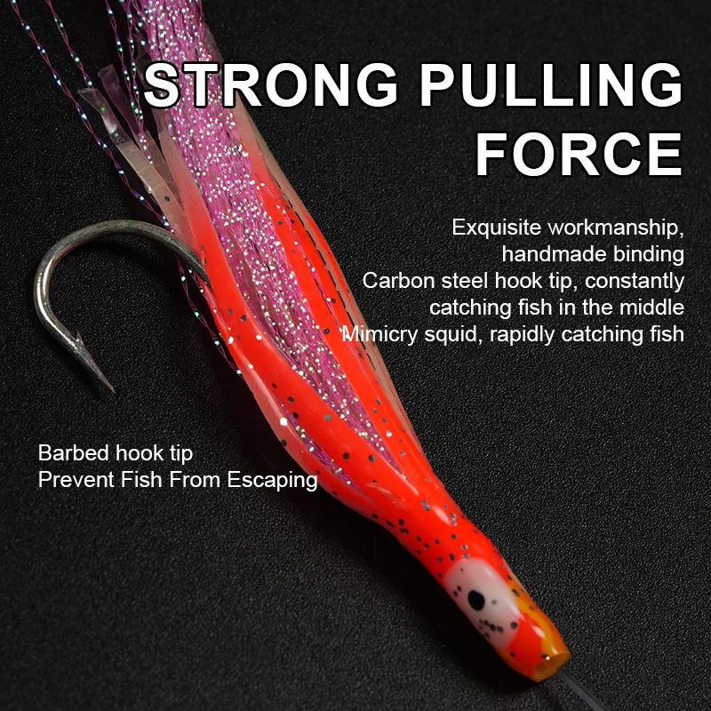 Cebo de arenque de curricán Sabikis, nudo en T luminoso, 1,8 m, hoochies de calamar, oropel, pelo, atún, caballa, pesca nocturna, brilla en la oscuridad, 6 uds. - imagen 3