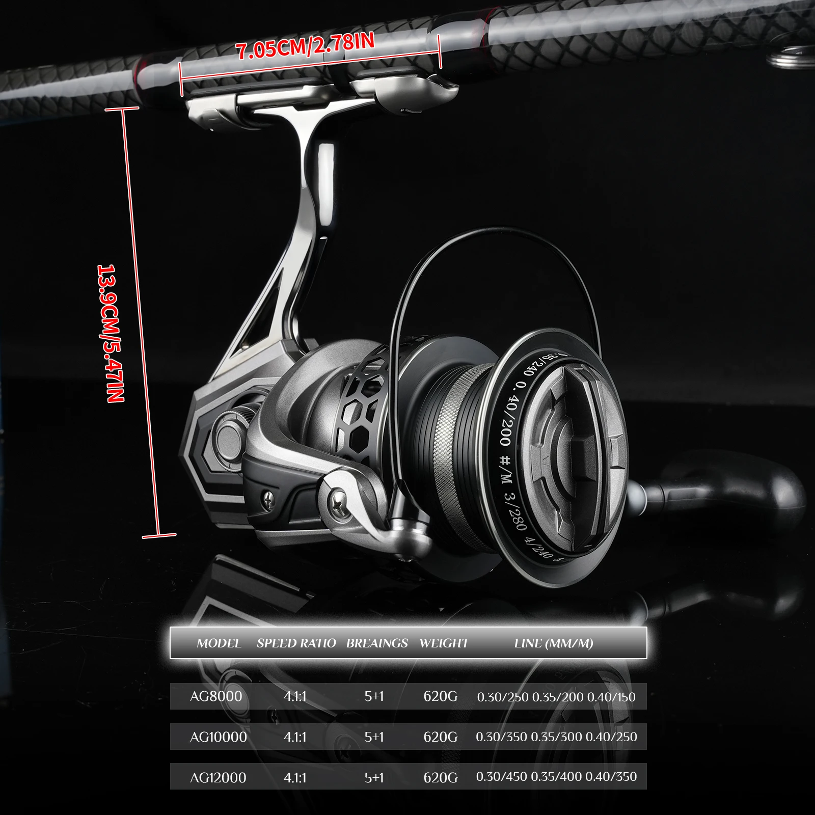 Carretes giratorios Rooblinos AG, Metal ultraligero, relación de engranaje 5,1: 1, 8000-12000, carretes de pesca de arrastre máximo grande para agua salada o dulce - imagen 5