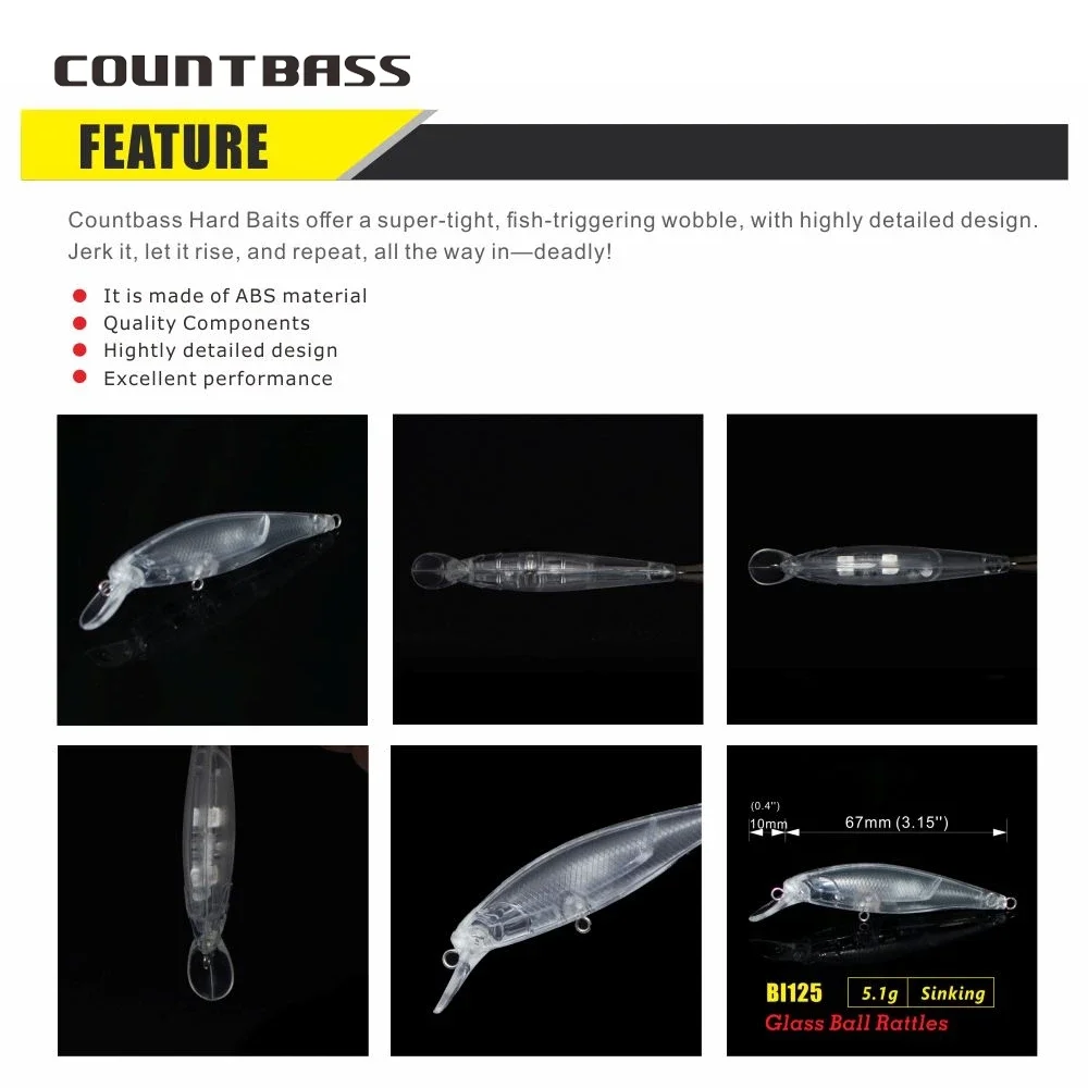 Countbass 10 Uds cuerpos de cebo duro en blanco, 67mm/2,6 "5,1g/0,2oz Wobblers de hundimiento lento sonajeros de bolas de vidrio, Señuelos de Pesca sin pintar - imagen 4