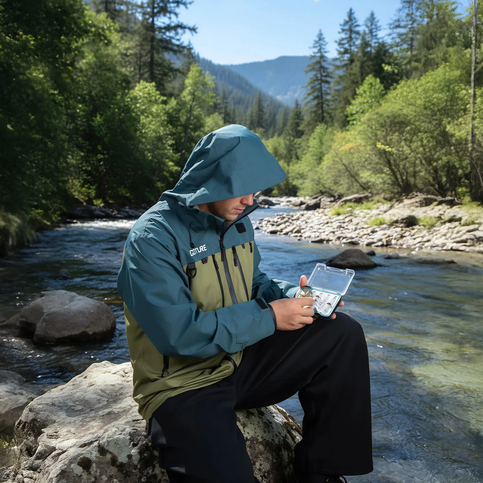 Chaqueta de pesca Goture con bolsa impermeable para teléfono móvil tela de cuatro capas impermeable transpirable ropa de pesca con mosca - imagen 2